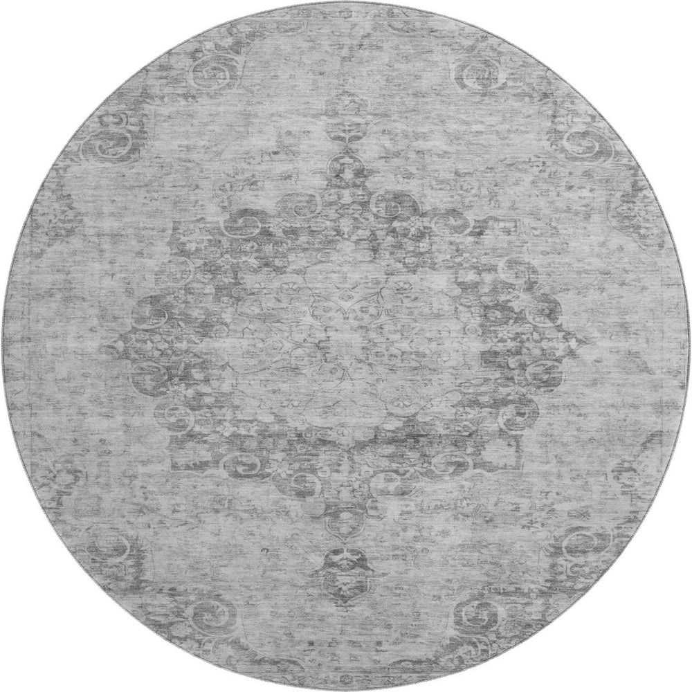 HomeRoots 8' X 8' Elegant Silver and Gray Round Oriental Rug – Washable, UV Protected, Durable for High-Traffic Areas 692331