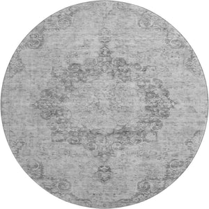 HomeRoots 8' X 8' Elegant Silver and Gray Round Oriental Rug – Washable, UV Protected, Durable for High-Traffic Areas 692331