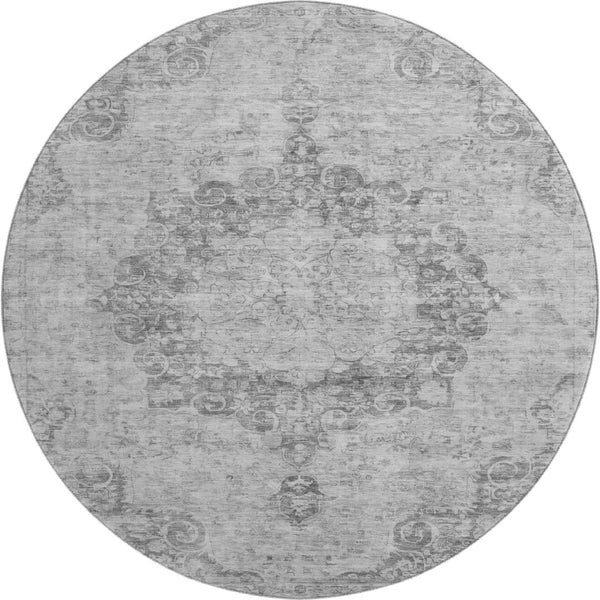 HomeRoots 8' X 8' Elegant Silver and Gray Round Oriental Rug – Washable, UV Protected, Durable for High-Traffic Areas 692331