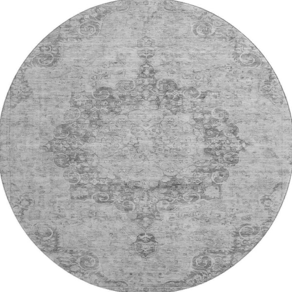 HomeRoots 8' X 8' Elegant Silver and Gray Round Oriental Rug – Washable, UV Protected, Durable for High-Traffic Areas 692331