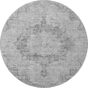 HomeRoots 8' X 8' Elegant Silver and Gray Round Oriental Rug – Washable, UV Protected, Durable for High-Traffic Areas 692331
