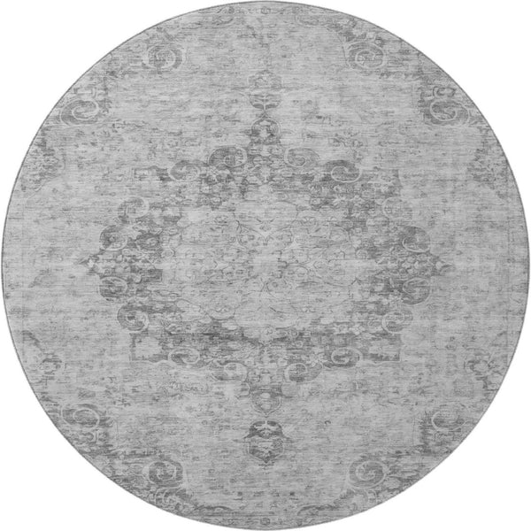 HomeRoots 8' X 8' Elegant Silver and Gray Round Oriental Rug – Washable, UV Protected, Durable for High-Traffic Areas 692331