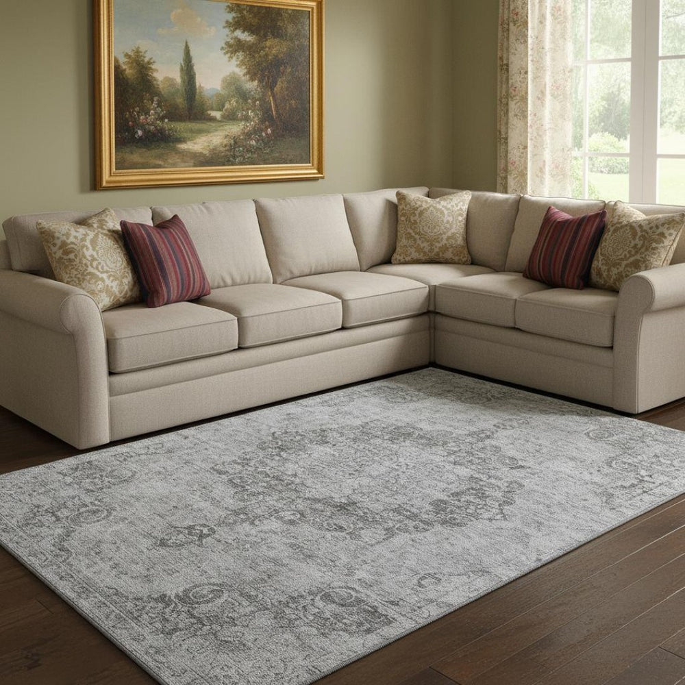 HomeRoots 8' Elegant Silver and Gray Washable Oriental Area Rug with UV Protection for Busy Homes 692332