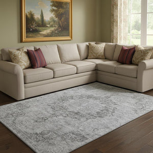 HomeRoots 8' Elegant Silver and Gray Washable Oriental Area Rug with UV Protection for Busy Homes 692332