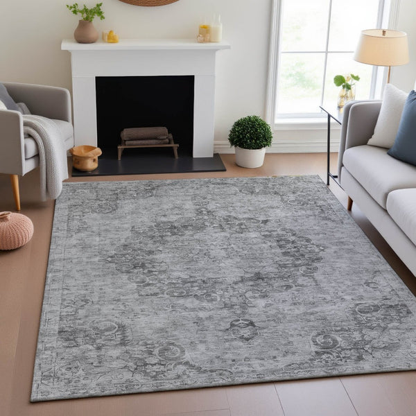 HomeRoots 9' X 12' Elegant Silver and Gray Oriental Washable Area Rug with Stain Resistance & UV Protection 692333