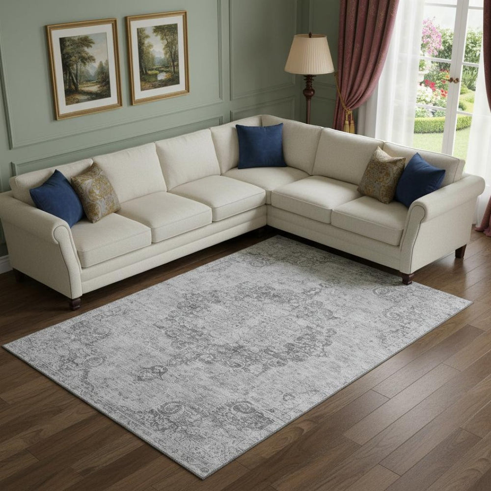 HomeRoots 10' Silver and Gray Oriental Washable Area Rug - UV Protected, Stain Resistant for Busy Homes 692334