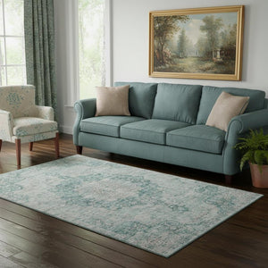 HomeRoots 5' X 8' Teal and Silver Oriental Area Rug – Stain Resistant, UV Protected, Durable for Daily Living 692336