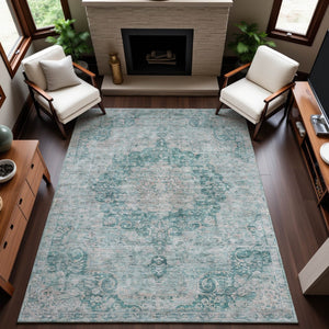 HomeRoots 5' X 8' Teal and Silver Oriental Area Rug – Stain Resistant, UV Protected, Durable for Daily Living 692336