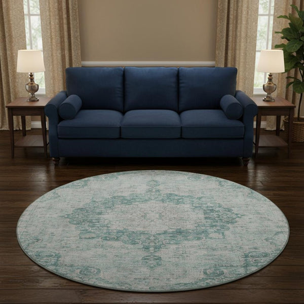 HomeRoots 8' X 8' Teal And Silver Oriental Round Rug – Stain Resistant, UV Protected, Durable & Stylish Décor 692337