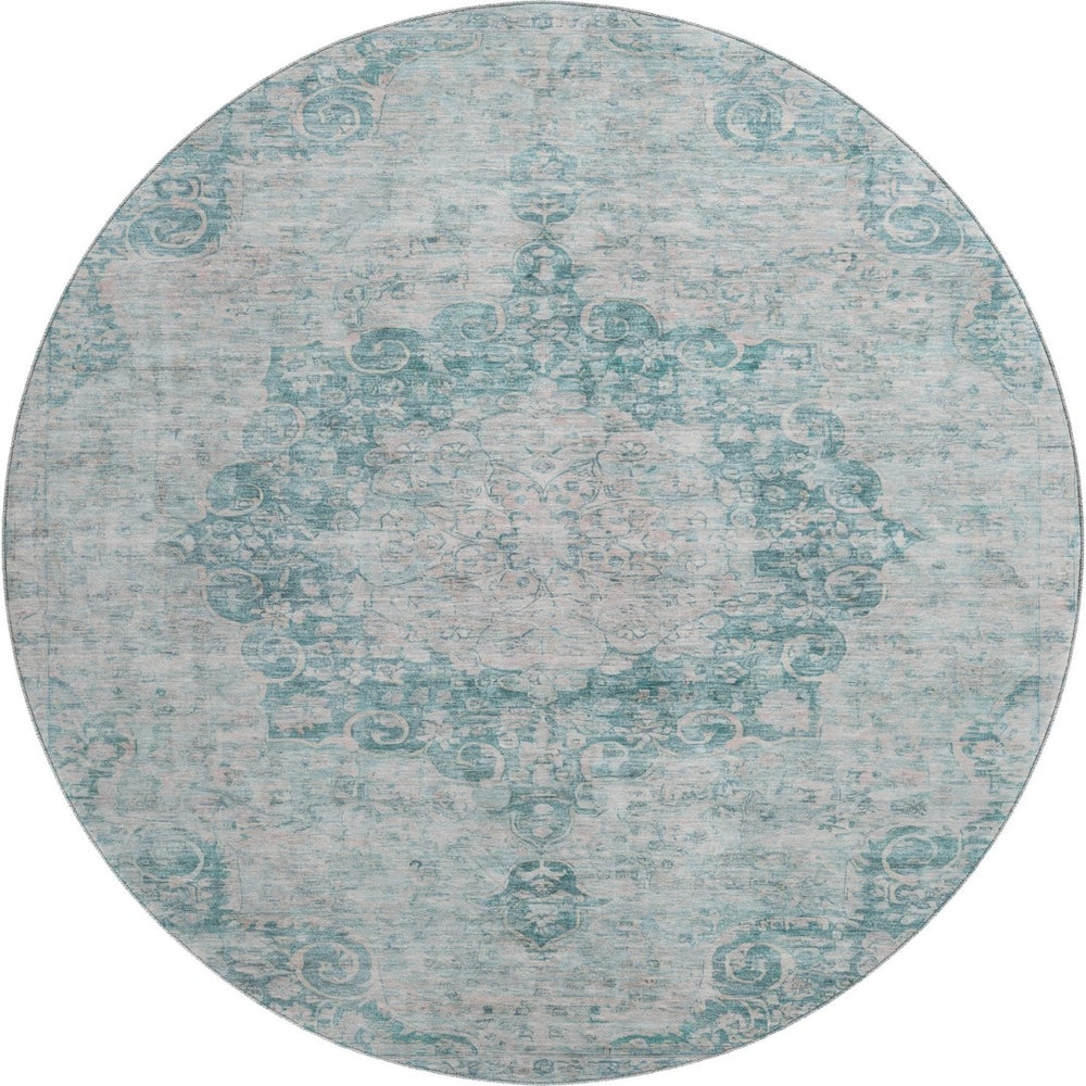 HomeRoots 8' X 8' Teal And Silver Oriental Round Rug – Stain Resistant, UV Protected, Durable & Stylish Décor 692337