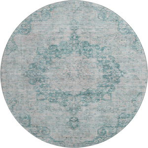 HomeRoots 8' X 8' Teal And Silver Oriental Round Rug – Stain Resistant, UV Protected, Durable & Stylish Décor 692337
