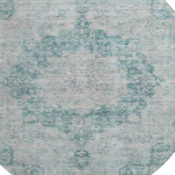 HomeRoots 8' X 8' Teal And Silver Oriental Round Rug – Stain Resistant, UV Protected, Durable & Stylish Décor 692337