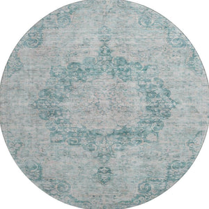 HomeRoots 8' X 8' Teal And Silver Oriental Round Rug – Stain Resistant, UV Protected, Durable & Stylish Décor 692337