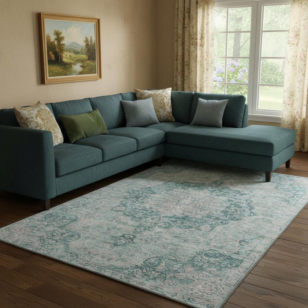 HomeRoots 8' Teal and Silver Oriental Area Rug - Washable, UV Protected, Durable Design for Busy Homes 692338