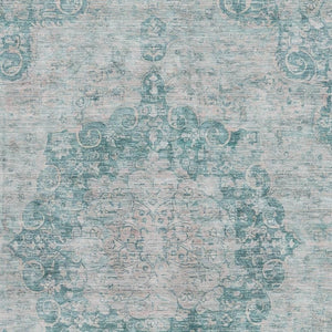 HomeRoots 8' Teal and Silver Oriental Area Rug - Washable, UV Protected, Durable Design for Busy Homes 692338