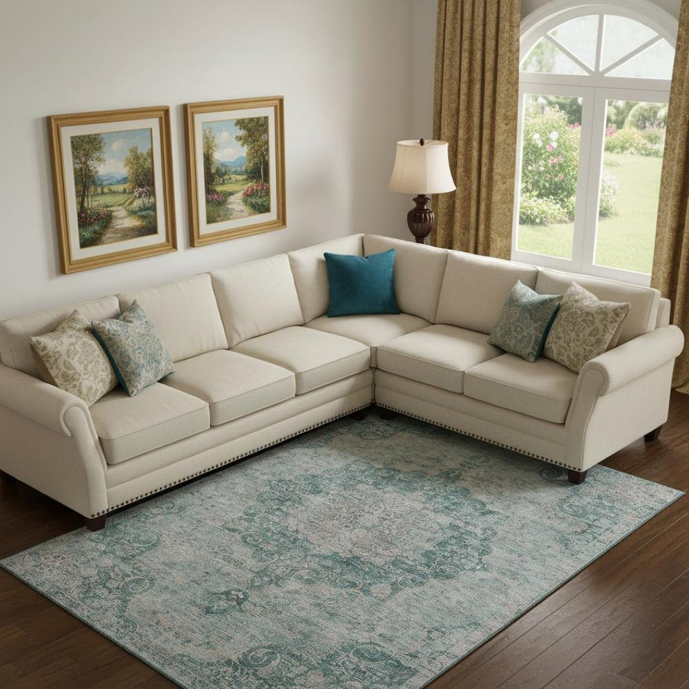 HomeRoots 9' X 12' Teal & Silver Oriental Area Rug - Washable, Stain Resistant, UV Protected for Homes 692339