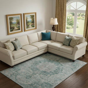 HomeRoots 9' X 12' Teal & Silver Oriental Area Rug - Washable, Stain Resistant, UV Protected for Homes 692339