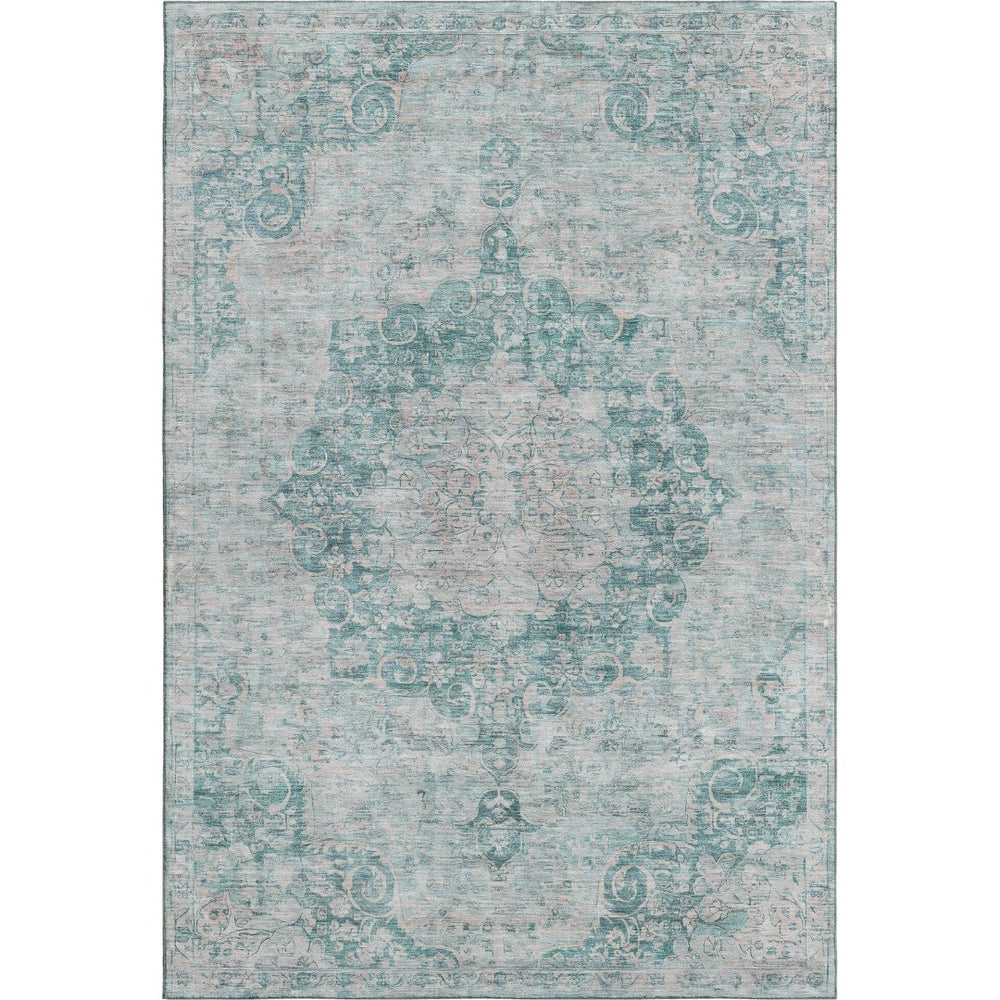 HomeRoots 9' X 12' Teal & Silver Oriental Area Rug - Washable, Stain Resistant, UV Protected for Homes 692339