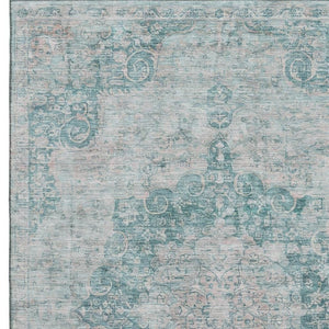 HomeRoots 9' X 12' Teal & Silver Oriental Area Rug - Washable, Stain Resistant, UV Protected for Homes 692339