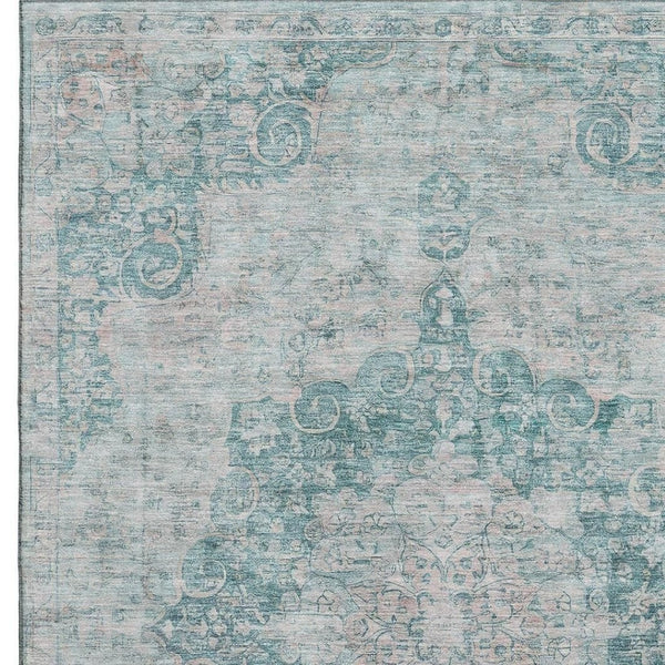 HomeRoots 9' X 12' Teal & Silver Oriental Area Rug - Washable, Stain Resistant, UV Protected for Homes 692339