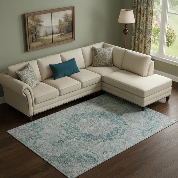 HomeRoots 10' X 14' Teal and Silver Washable Oriental Area Rug with UV Protection, Stain Resistance & Non-Slip Backing 692340