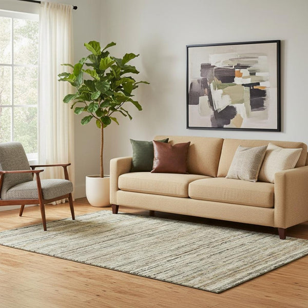 HomeRoots 5' X 8' Striped Beige Gold & Brown Washable Area Rug - UV Protected, Stain Resistant, Family Friendly 692342