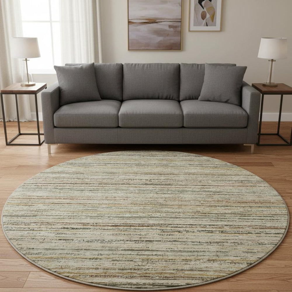 HomeRoots 8' Round Beige, Gold & Brown Striped Washable Rug with UV Protection for Stylish, Easy-Care Living 692343