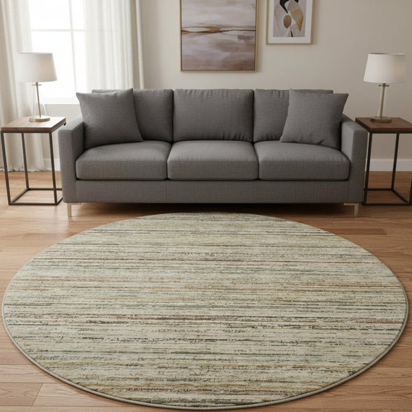 HomeRoots 8' Round Beige, Gold & Brown Striped Washable Rug with UV Protection for Stylish, Easy-Care Living 692343