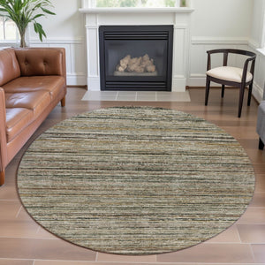 HomeRoots 8' Round Beige, Gold & Brown Striped Washable Rug with UV Protection for Stylish, Easy-Care Living 692343