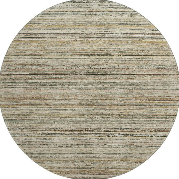 HomeRoots 8' Round Beige, Gold & Brown Striped Washable Rug with UV Protection for Stylish, Easy-Care Living 692343