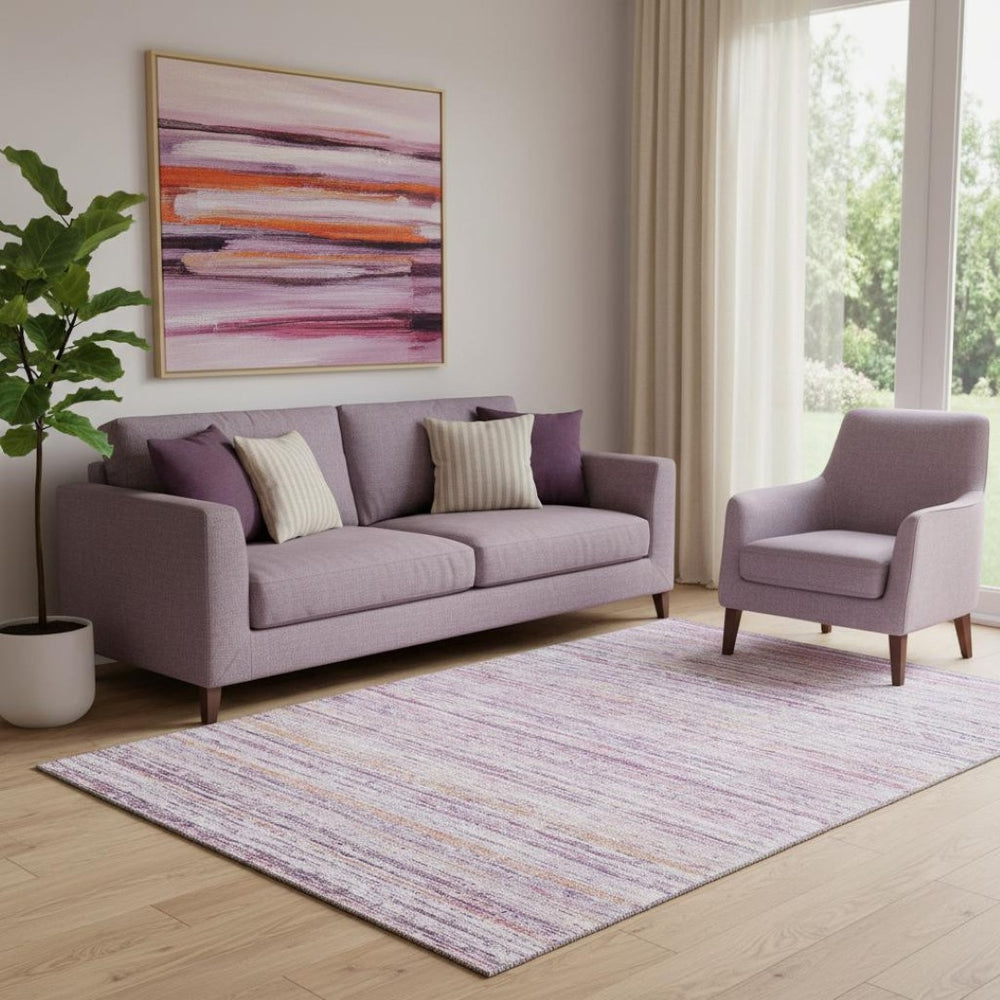 HomeRoots 5' X 8' Mauve Lavender Striped Area Rug – Washable, UV Protected, Stain Resistant, Non-Slip Design 692348