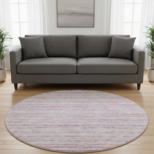HomeRoots 8' X 8' Striped Mauve Lavender & Ivory Washable Round Rug with UV Protection for Modern Homes 692349