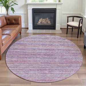 HomeRoots 8' X 8' Striped Mauve Lavender & Ivory Washable Round Rug with UV Protection for Modern Homes 692349