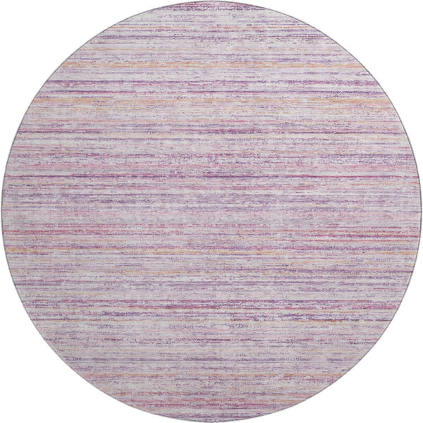 HomeRoots 8' X 8' Striped Mauve Lavender & Ivory Washable Round Rug with UV Protection for Modern Homes 692349