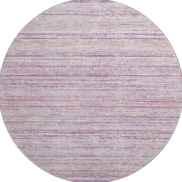 HomeRoots 8' X 8' Striped Mauve Lavender & Ivory Washable Round Rug with UV Protection for Modern Homes 692349