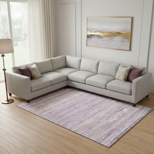 HomeRoots 9' X 12' Mauve Lavender Ivory Striped Washable Area Rug – Durable, Stain Resistant, UV Protected Design 692351