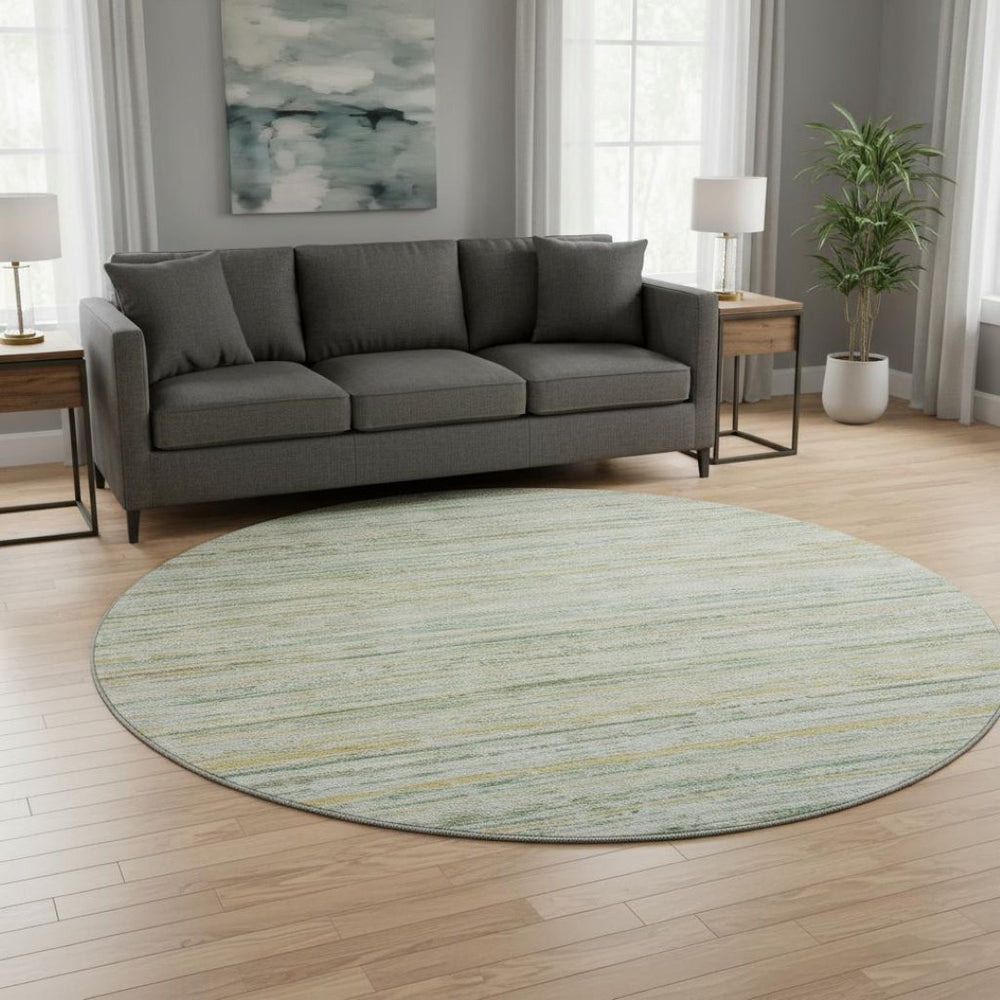 HomeRoots 8' Stylish Mint Green, Ivory & Gold Striped Round Rug – Washable, UV-Protected, Ideal for Busy Homes 692355