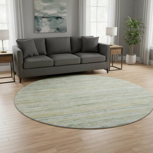 HomeRoots 8' Stylish Mint Green, Ivory & Gold Striped Round Rug – Washable, UV-Protected, Ideal for Busy Homes 692355