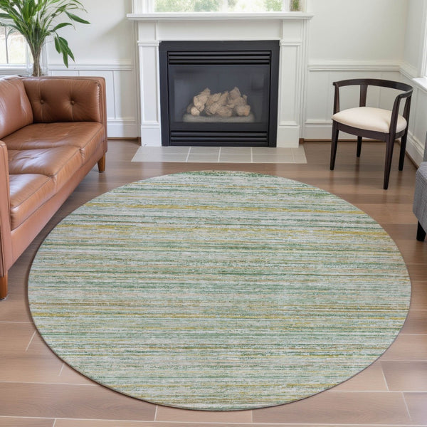 HomeRoots 8' Stylish Mint Green, Ivory & Gold Striped Round Rug – Washable, UV-Protected, Ideal for Busy Homes 692355