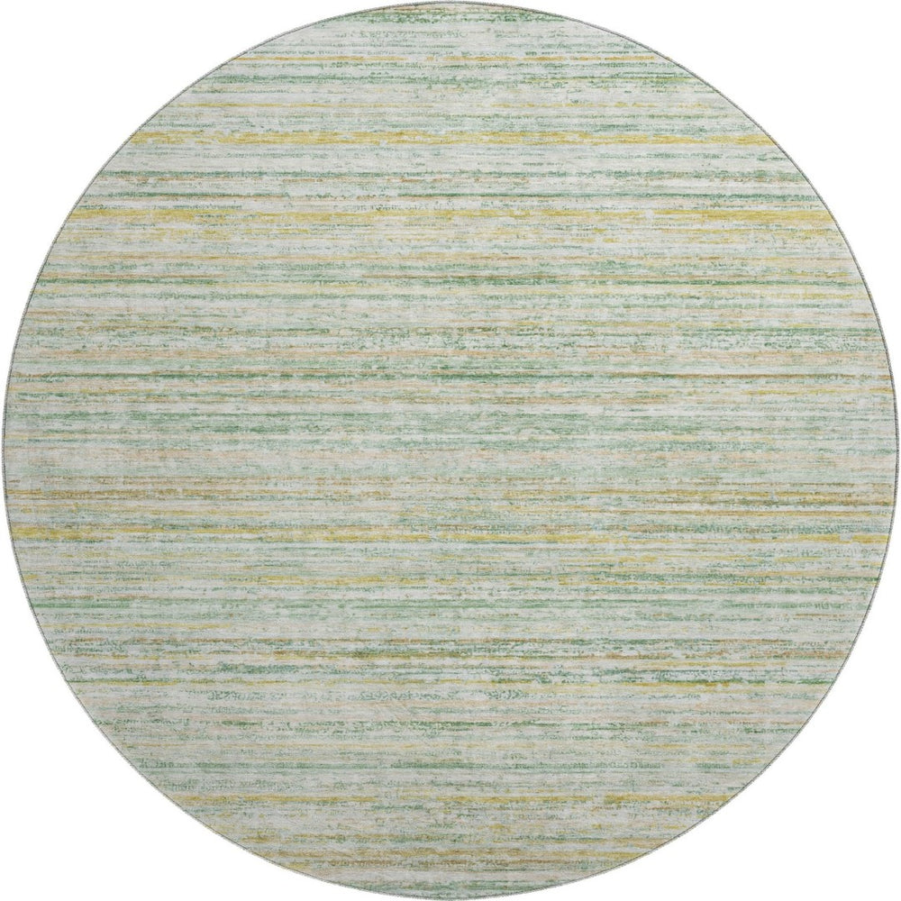 HomeRoots 8' Stylish Mint Green, Ivory & Gold Striped Round Rug – Washable, UV-Protected, Ideal for Busy Homes 692355