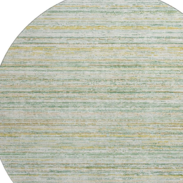 HomeRoots 8' Stylish Mint Green, Ivory & Gold Striped Round Rug – Washable, UV-Protected, Ideal for Busy Homes 692355