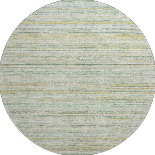 HomeRoots 8' Stylish Mint Green, Ivory & Gold Striped Round Rug – Washable, UV-Protected, Ideal for Busy Homes 692355