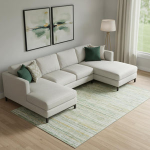 HomeRoots 9' X 12' Elegant Mint Green, Ivory & Gold Striped Area Rug – Washable, UV-Protected & Durable Design 692357
