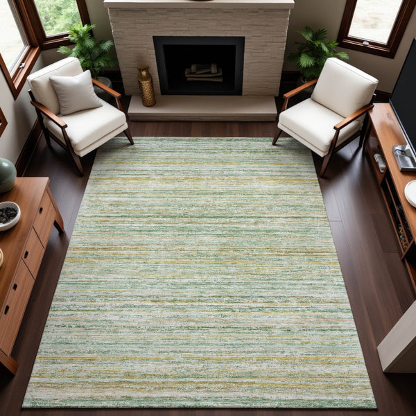 HomeRoots 9' X 12' Elegant Mint Green, Ivory & Gold Striped Area Rug – Washable, UV-Protected & Durable Design 692357