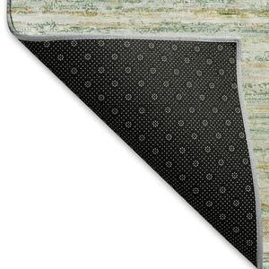HomeRoots 9' X 12' Elegant Mint Green, Ivory & Gold Striped Area Rug – Washable, UV-Protected & Durable Design 692357