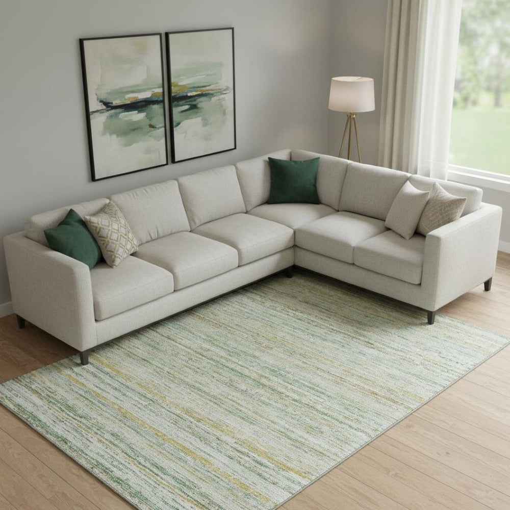 HomeRoots 10' Mint Green, Ivory & Gold Striped Area Rug - Washable, UV Protected, Non-Slip, Perfect for Homes! 692358