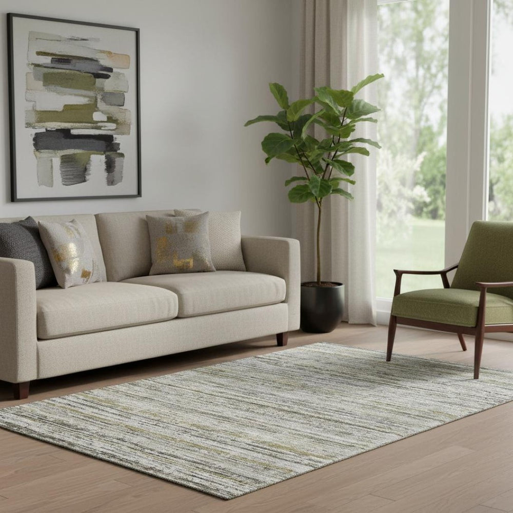 HomeRoots 5' X 8' Striped Pewter Silver and Gray Washable Area Rug with UV Protection for Busy Homes 692360