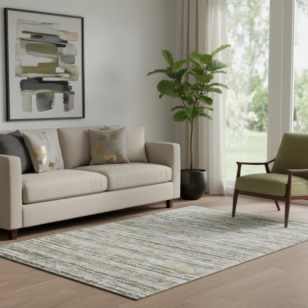 HomeRoots 5' X 8' Striped Pewter Silver and Gray Washable Area Rug with UV Protection for Busy Homes 692360