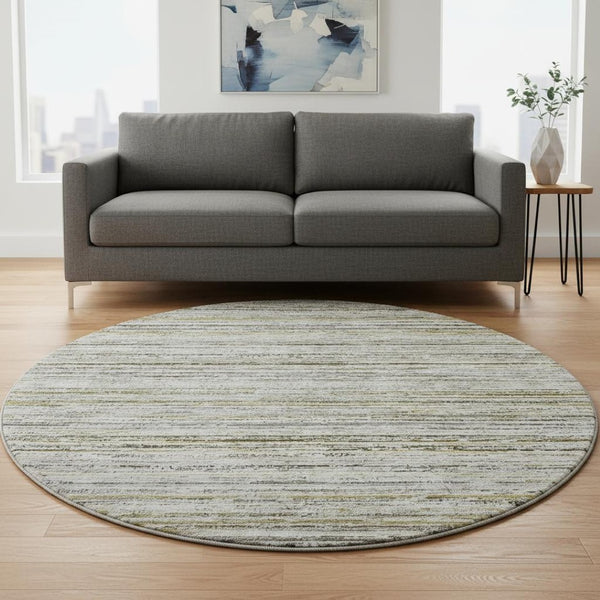 HomeRoots 8' X 8' Stylish Pewter Silver and Gray Striped Washable Round Rug with UV Protection & Non-Slip Backing 692361