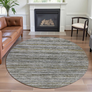 HomeRoots 8' X 8' Stylish Pewter Silver and Gray Striped Washable Round Rug with UV Protection & Non-Slip Backing 692361